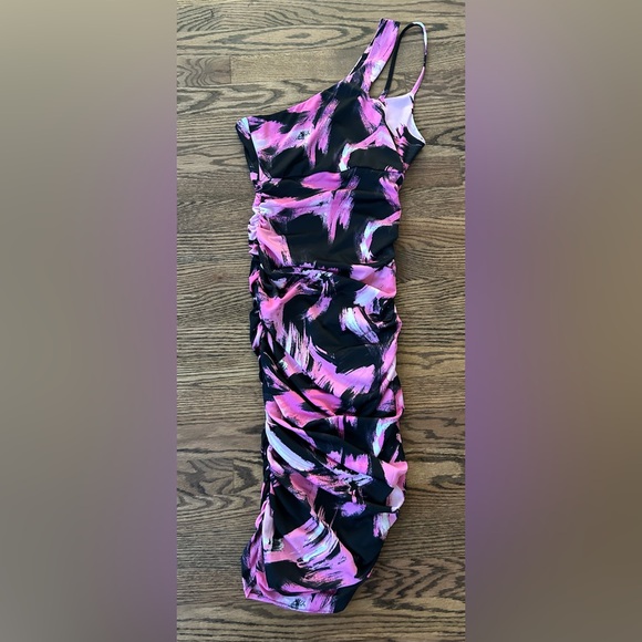 The Fashion Poet Ruched One Shoulder Dress In Black Multi Size Medium NWOT - Picture 2 of 9